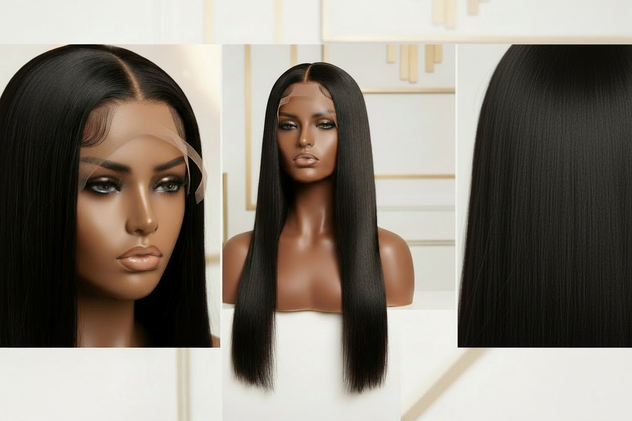 Collage of a wig on a mannequin head, close-up of hair extensions and hair bundles 