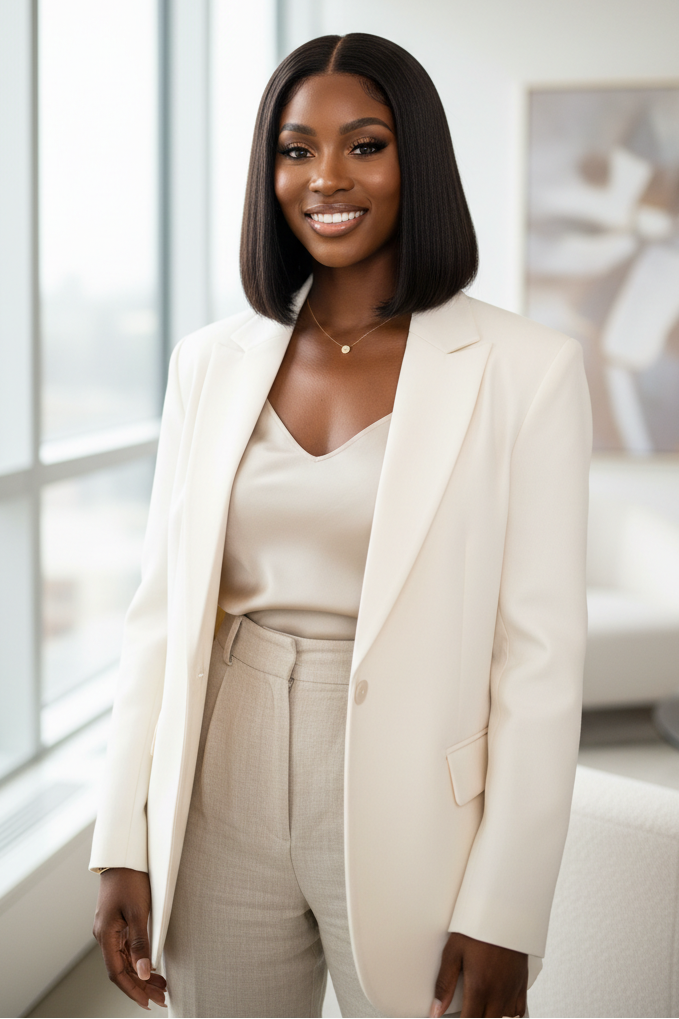 Woman wearing The Noir Glide Bob